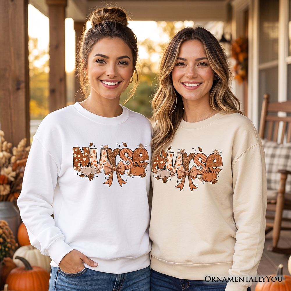Cozy Nurse Coquette Autumn Sweatshirt by OrnamentallyYou featuring fall pumpkins, perfect for healthcare heroes during autumn.