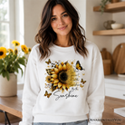 Sunflower inspirational quote sweatshirt by OrnamentallyYou, featuring a cheerful sunflower design and uplifting message.