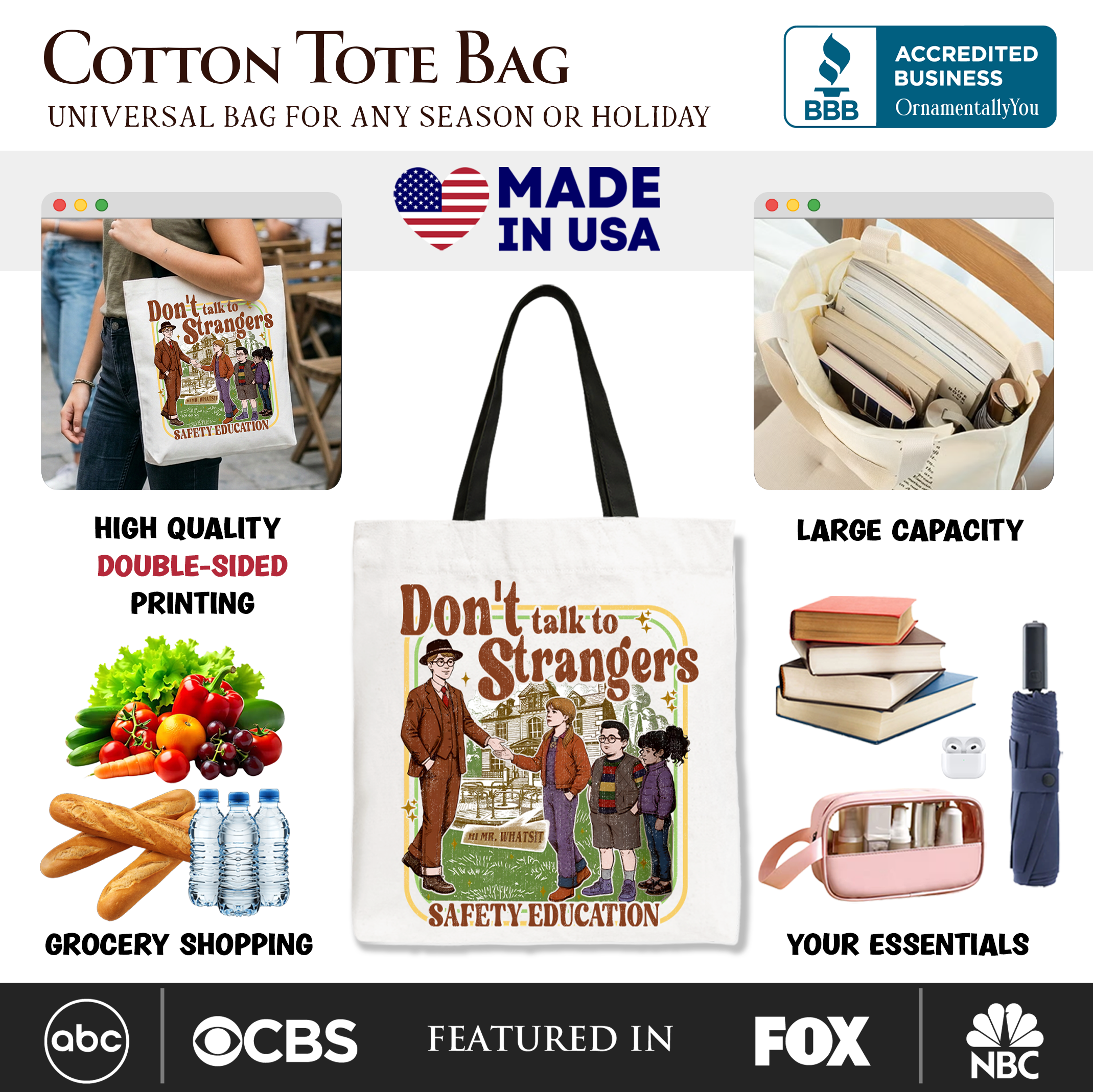 Beige tote bag with "Don't Talk to Strangers" safety education message, retro design, by OrnamentallyYou.