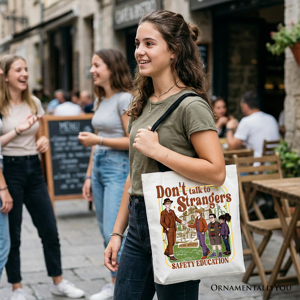 Beige tote bag featuring "Don't Talk to Strangers" safety education message, retro design, by OrnamentallyYou.