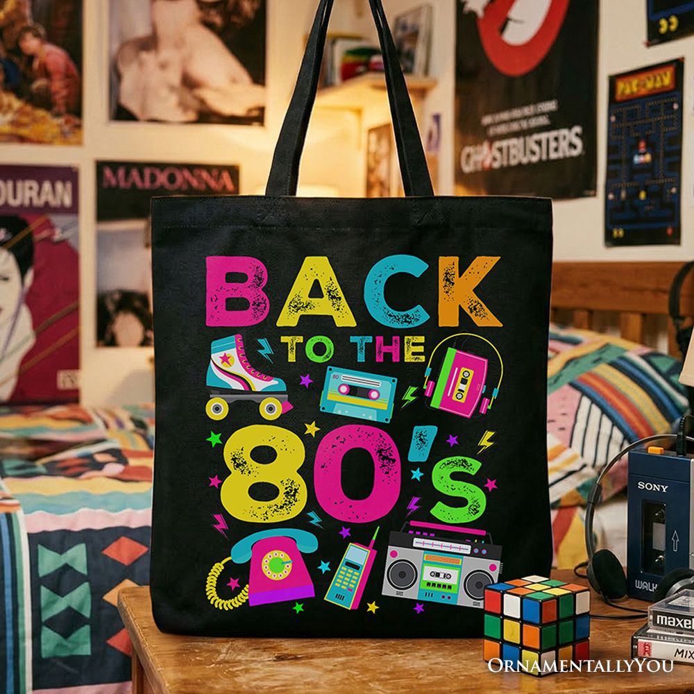 Colorful 80s-themed tote bag by OrnamentallyYou, featuring retro eighties design, perfect for parties and shopping.