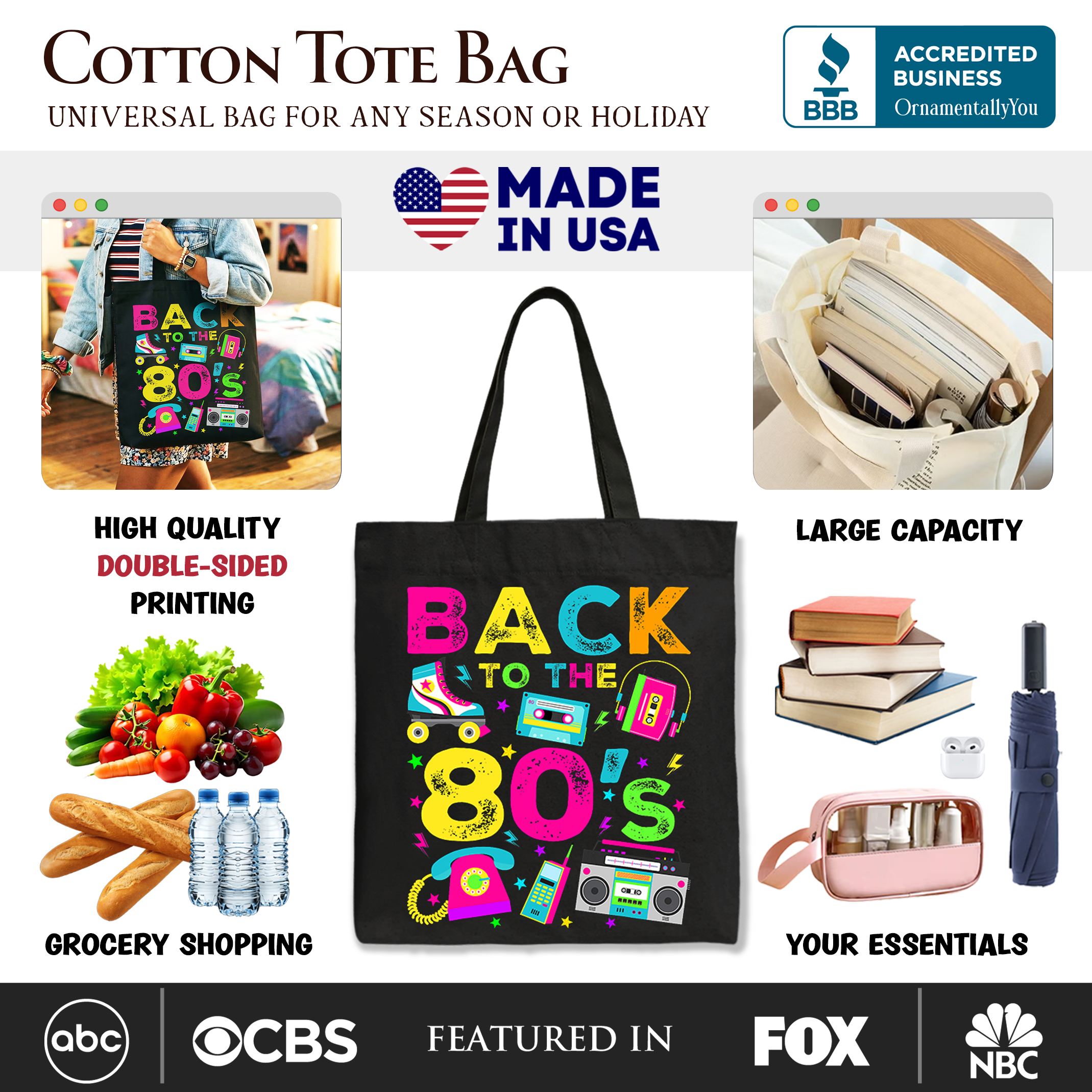 Colorful 80s-themed tote bag by OrnamentallyYou featuring retro eighties design, perfect for party or shopping.