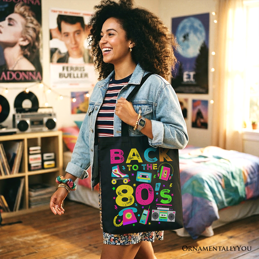 Colorful retro 80s tote bag by OrnamentallyYou featuring vibrant eighties-inspired design, perfect for shopping or parties.