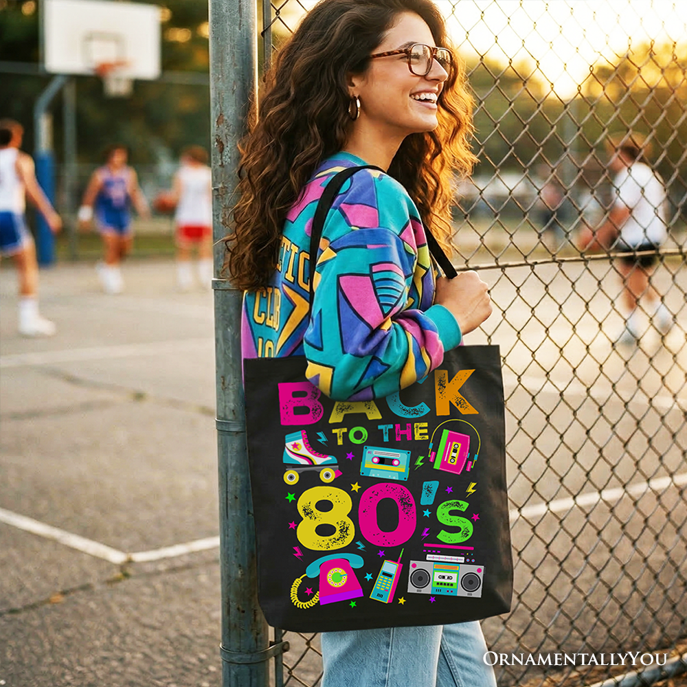 Colorful 80s-themed tote bag by OrnamentallyYou featuring retro eighties design, perfect for parties and shopping.