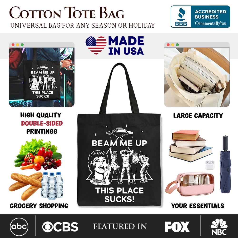 Black canvas tote bag featuring humorous "Beam Me Up This Place Sucks" comic design with retro UFO meme, perfect for women.