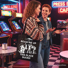 Black canvas tote bag featuring a retro UFO meme with sarcastic "Beam Me Up This Place Sucks" design, by OrnamentallyYou.
