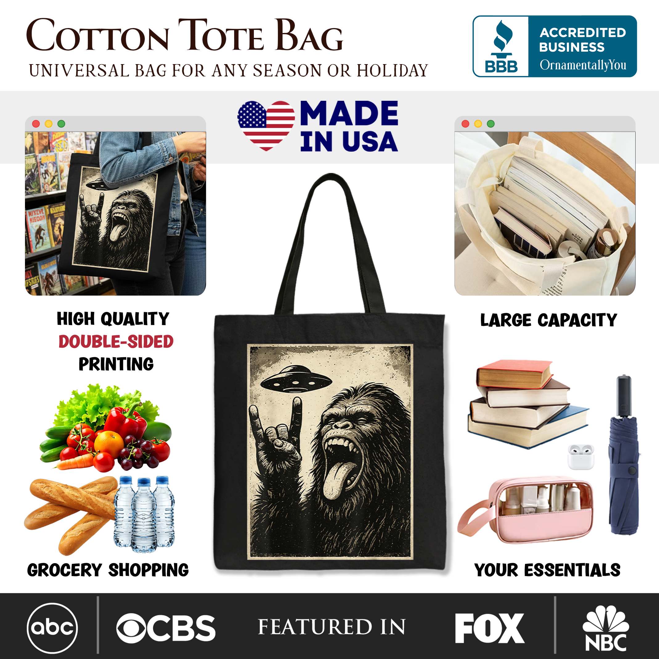 Black canvas tote bag featuring a Bigfoot UFO rock and roll Sasquatch meme, perfect for casual shopping or everyday use.