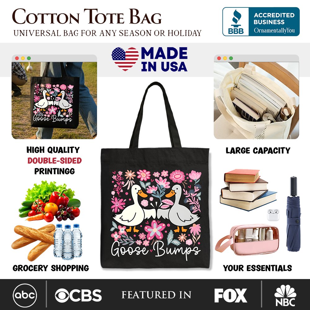 Black canvas tote bag with humorous Goose Bumps floral design by OrnamentallyYou, perfect for casual shopping or gift-giving.