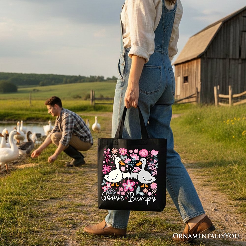 Black floral canvas tote bag featuring a humorous goose design, perfect for casual shopping and gift-giving from OrnamentallyYou.