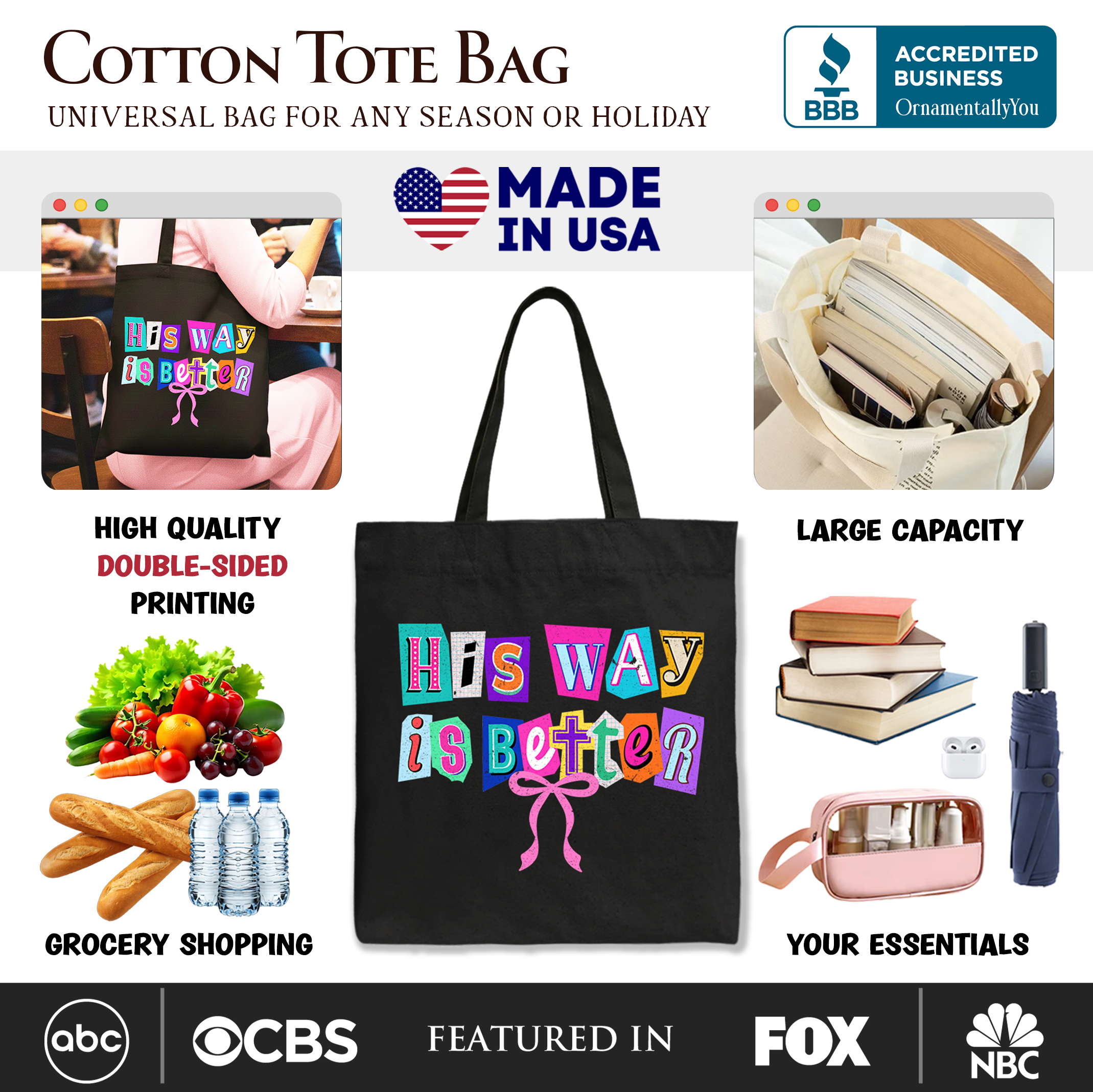 Black Christian canvas tote bag with "His Way Is Better" quote, featuring a retro preppy coquette design, perfect for faith gifting.