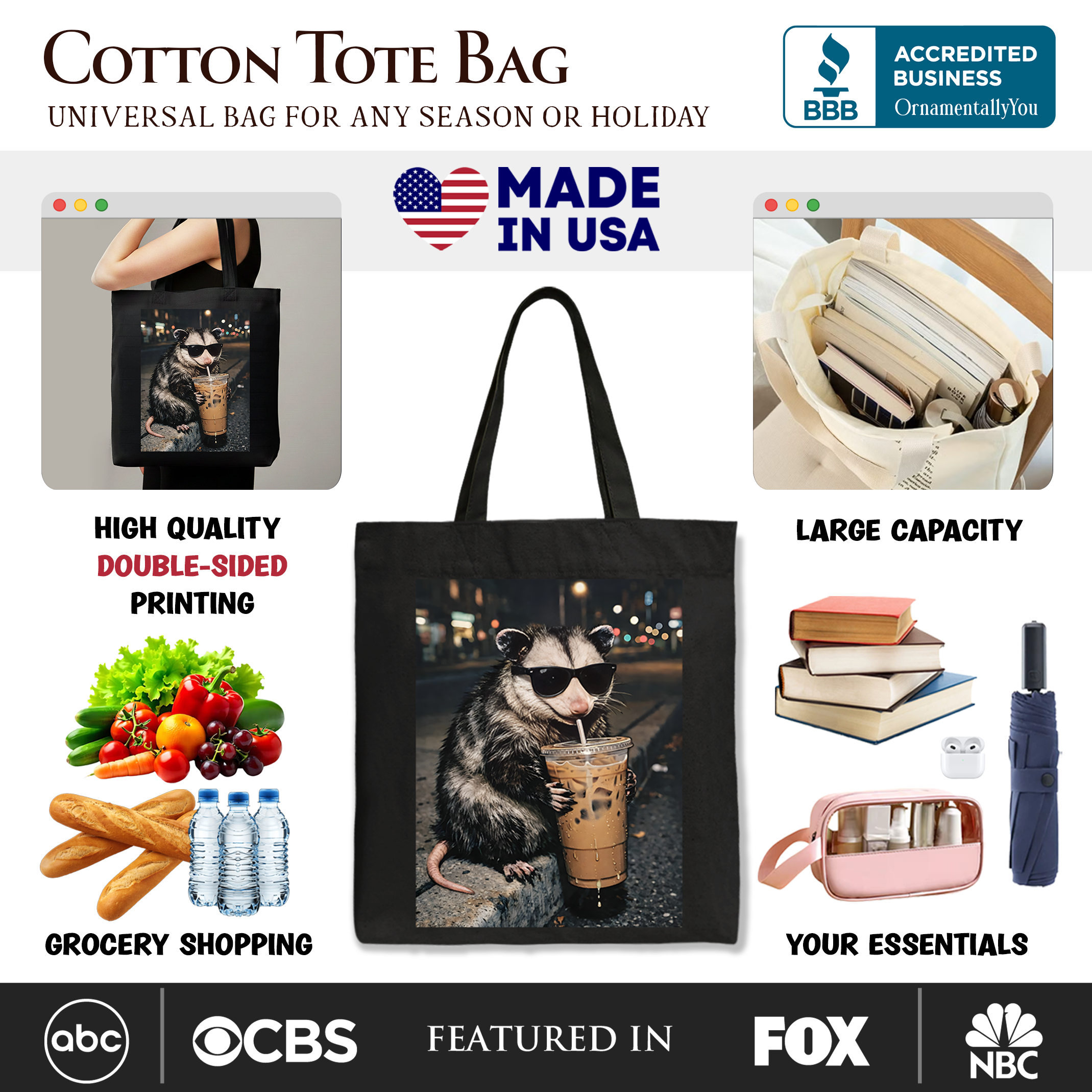 Black tote bag featuring a humorous iced coffee-opossum animal meme, perfect for casual shopping and fun gift-giving.