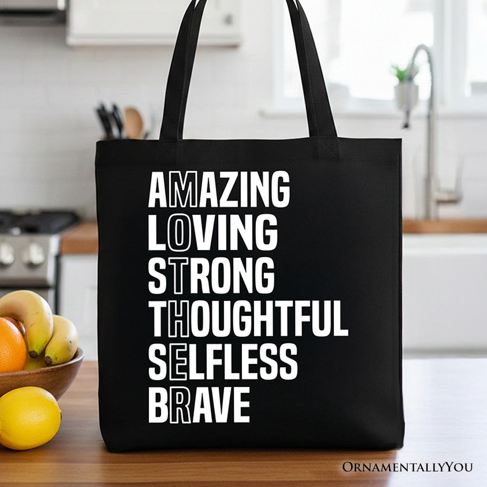 Black inspirational Mom tote bag by OrnamentallyYou with definition gift message for brave and thoughtful mothers.