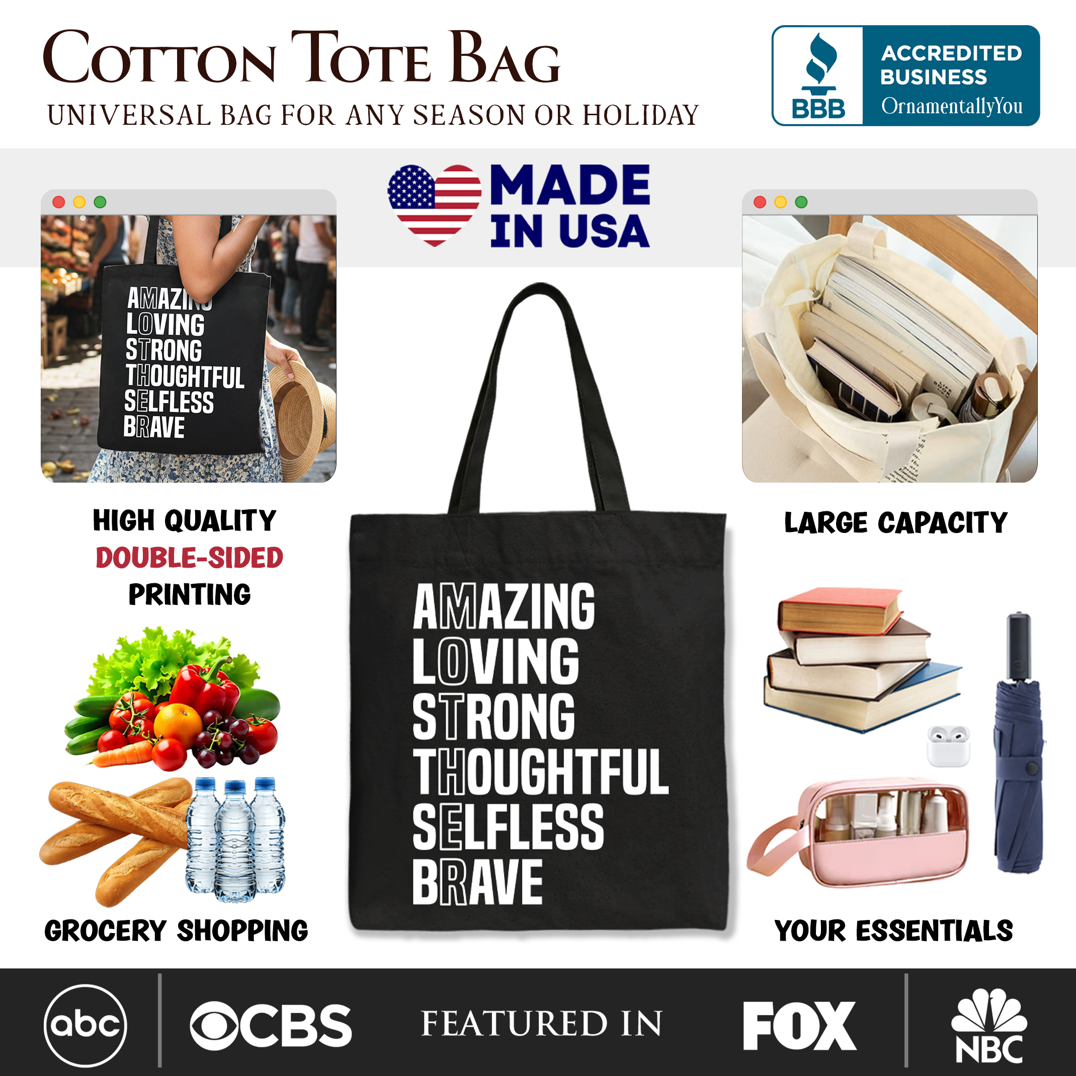 Black tote bag with inspirational quote for moms, featuring a thoughtful design by OrnamentallyYou.
