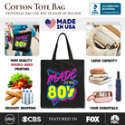 Black Made In The 80s Tote Bag from OrnamentallyYou featuring neon retro design, perfect for Eighties kid gift shoppers.