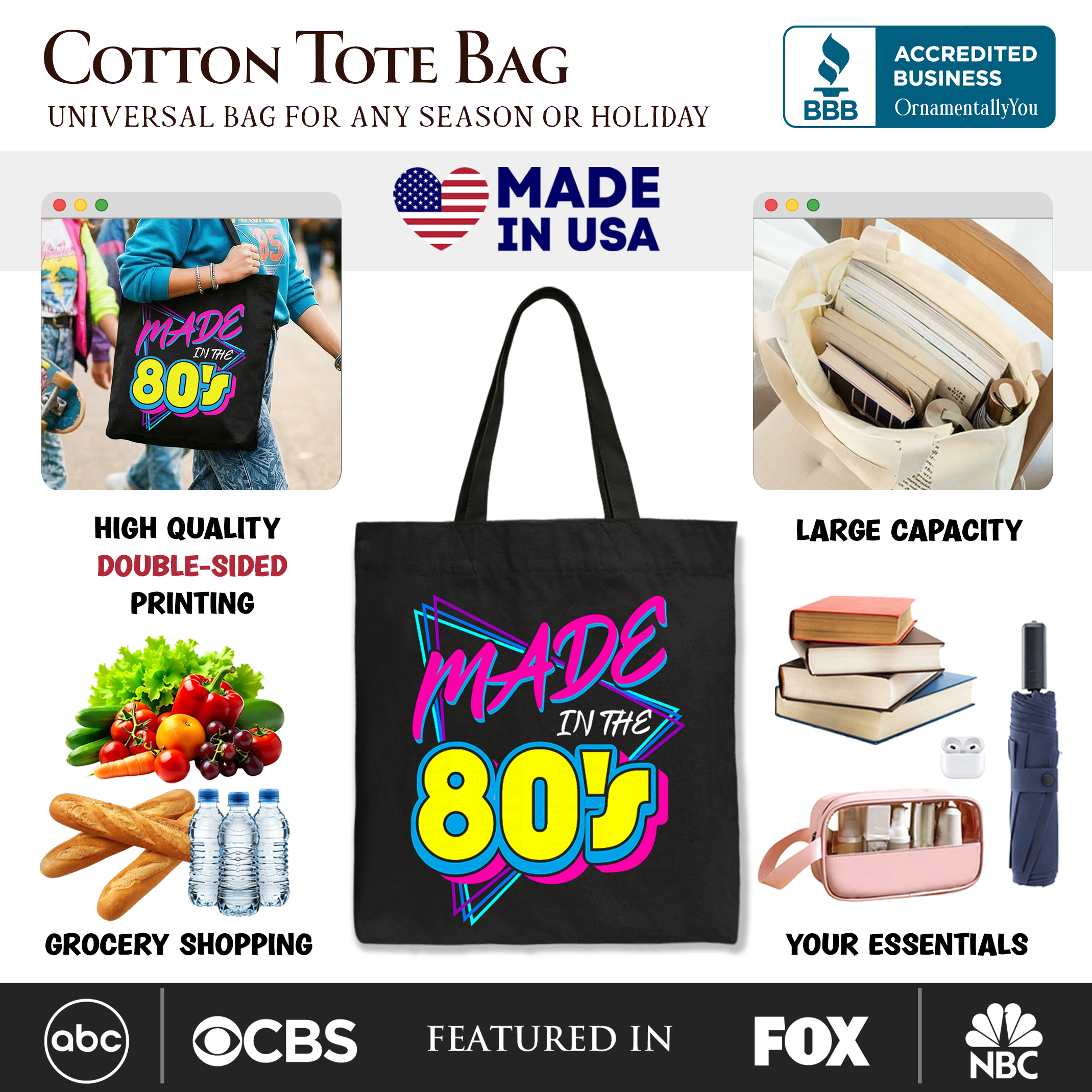 Black Made In The 80s Tote Bag from OrnamentallyYou featuring neon retro design, perfect for Eighties kid gift shoppers.