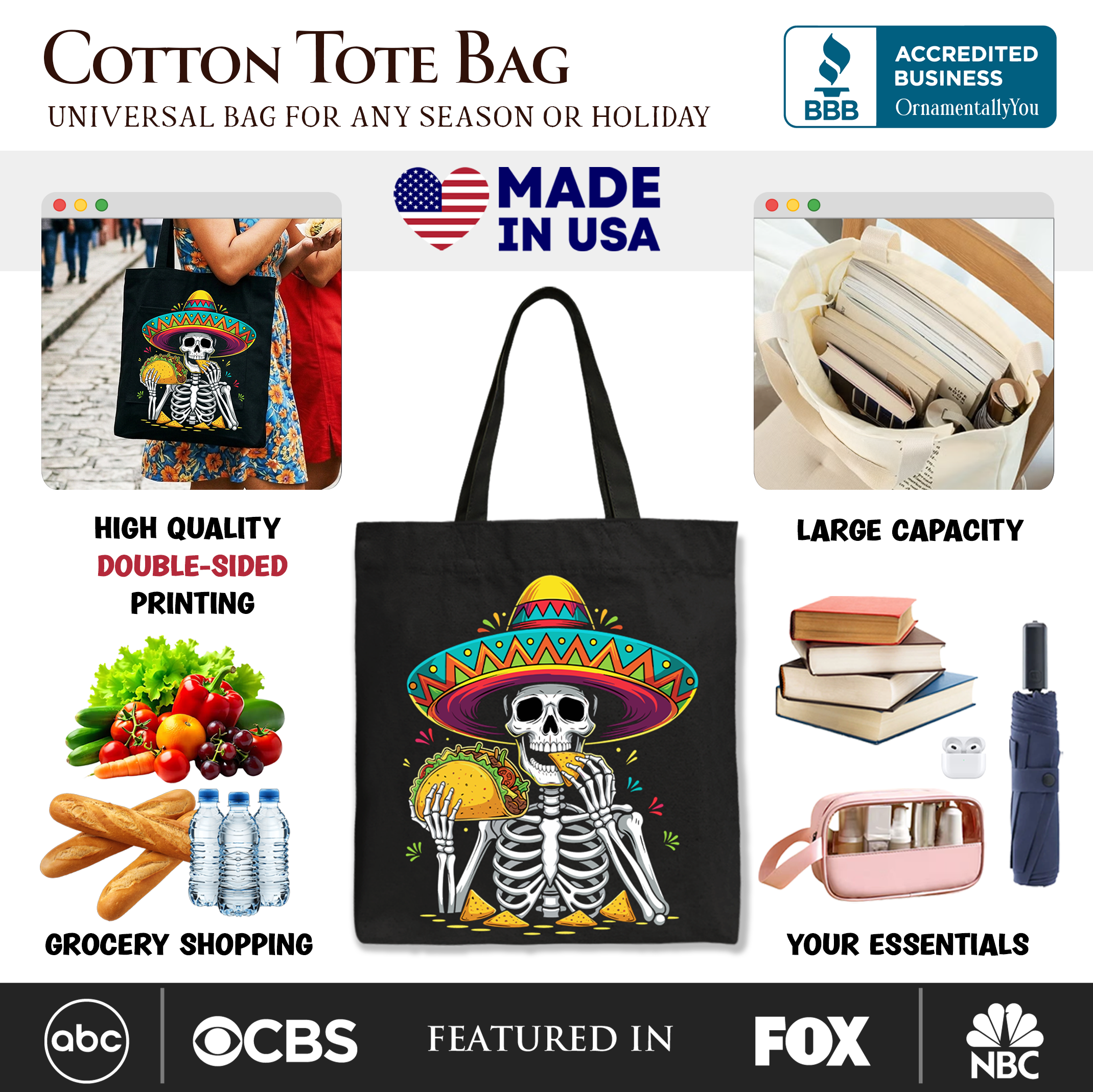 Black tote bag featuring a Taco Skeleton design with a sombrero, perfect for Cinco de Mayo celebrations and Mexican-themed gifts.