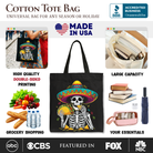 Black tote bag featuring a Taco Skeleton design with a sombrero, perfect for Cinco de Mayo celebrations and Mexican-themed gifts.