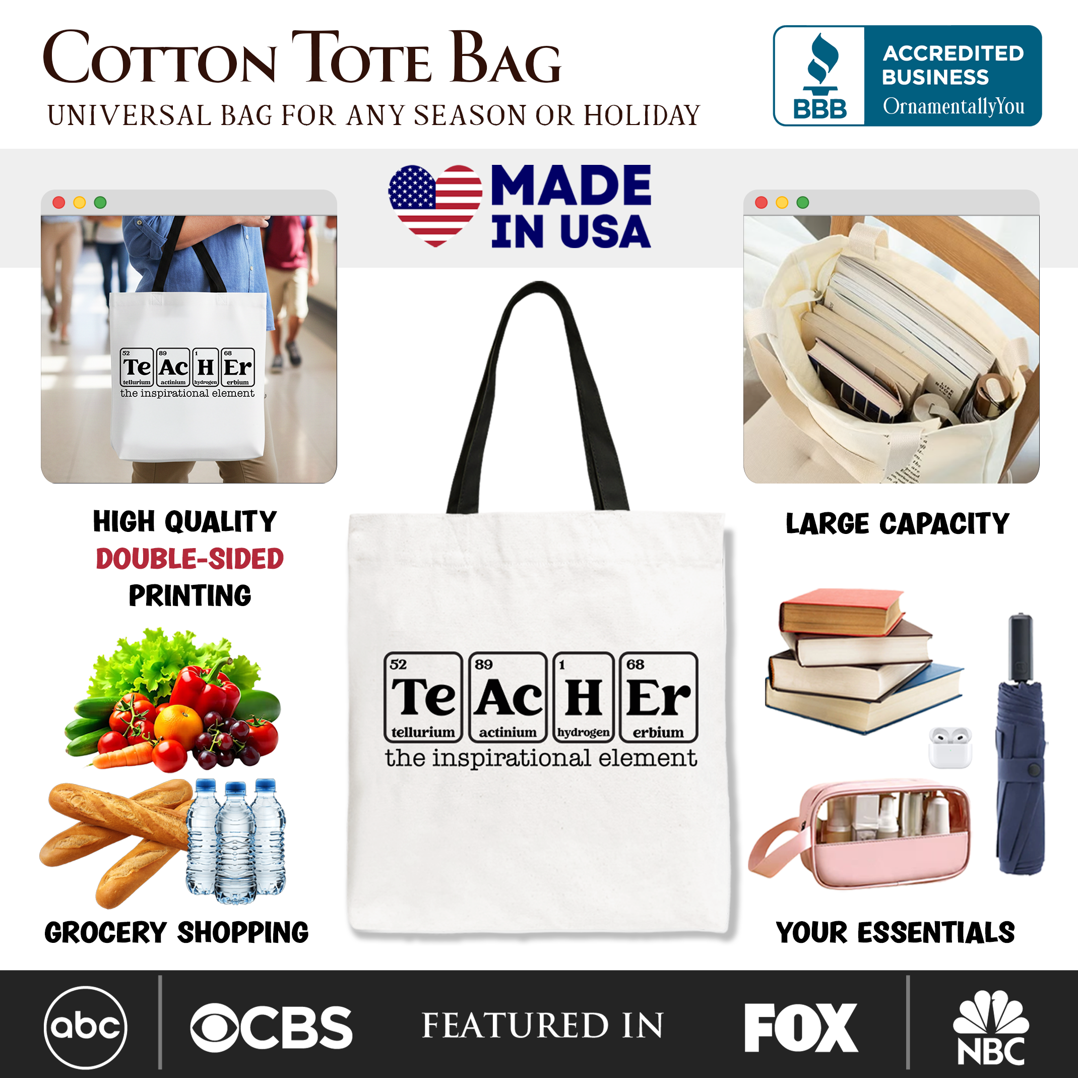 Black tote bag featuring a periodic table design, ideal for teachers, with inspirational elements and appreciation gift details.