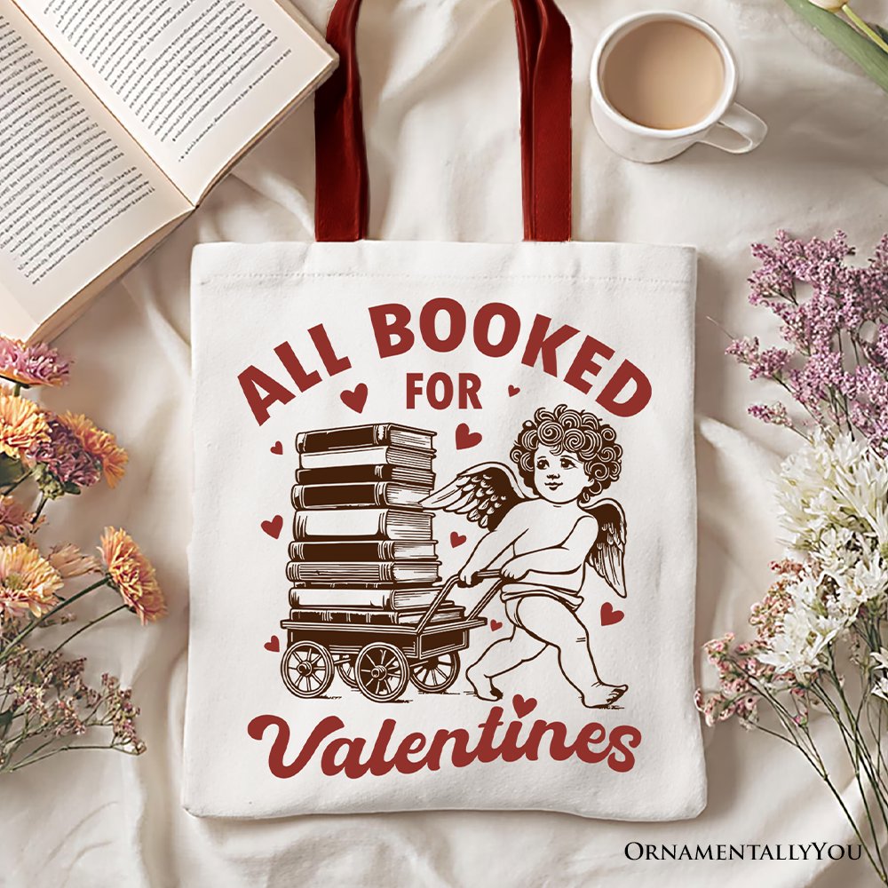 White canvas tote bag featuring "All Booked For Valentines" Cupid design, perfect for book lovers and vintage gift enthusiasts.