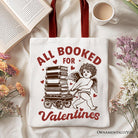 White canvas tote bag featuring "All Booked For Valentines" Cupid design, perfect for book lovers and vintage gift enthusiasts.