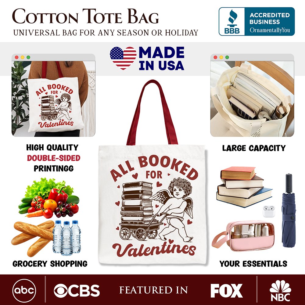 White canvas tote bag featuring "All Booked For Valentines Cupid" vintage design, perfect for bookworm or funny gift enthusiasts.