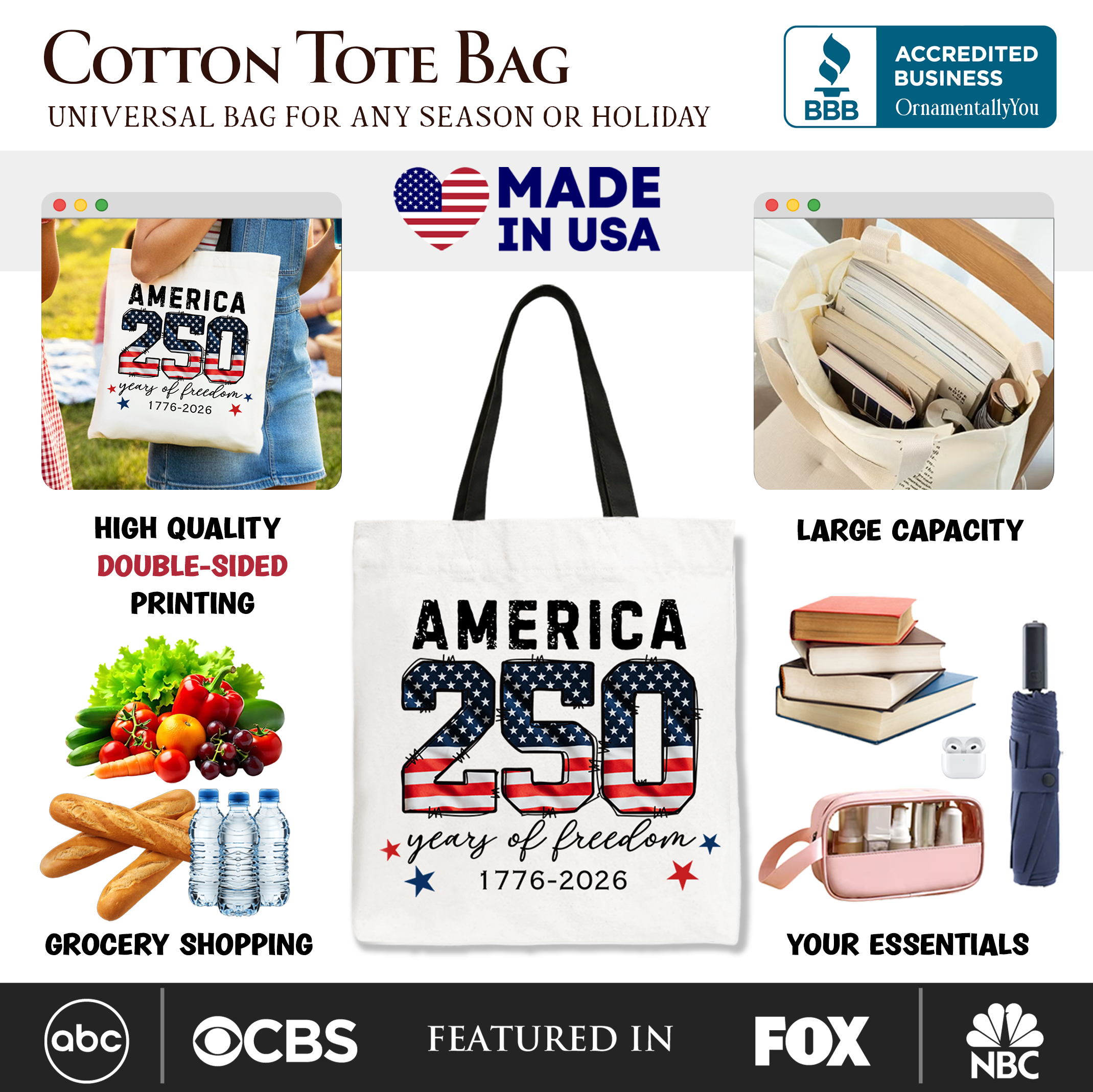 White America 250 Years of Freedom tote bag by OrnamentallyYou featuring patriotic USA anniversary design and historical motifs.