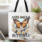 White Anti Social Butterfly canvas tote bag by OrnamentallyYou, featuring a retro design perfect for quirky, independent women.