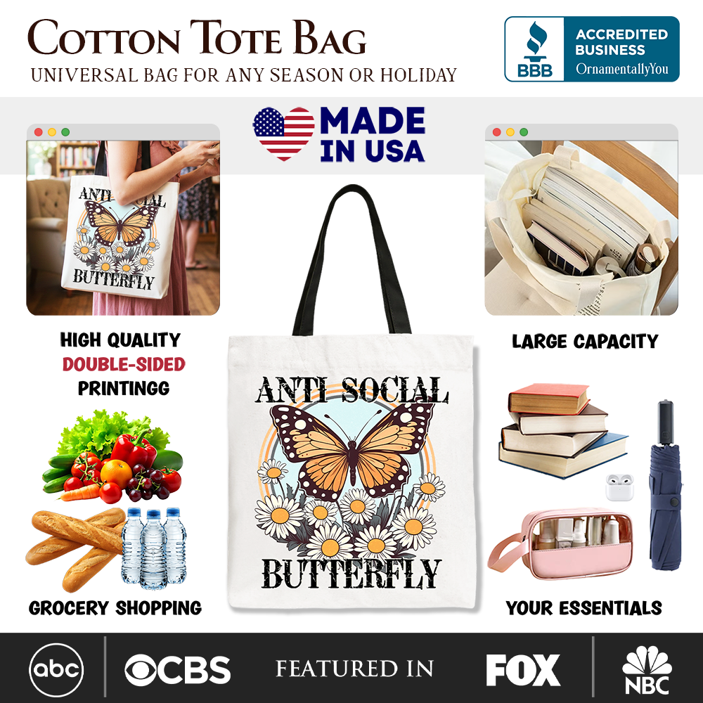 White Anti Social Butterfly canvas tote bag by OrnamentallyYou featuring a quirky, retro design perfect for independent women.