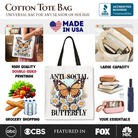 White Anti Social Butterfly canvas tote bag by OrnamentallyYou featuring a quirky, retro design perfect for independent women.