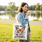White Anti Social Butterfly canvas tote bag by OrnamentallyYou featuring a retro design, perfect for quirky and independent women.