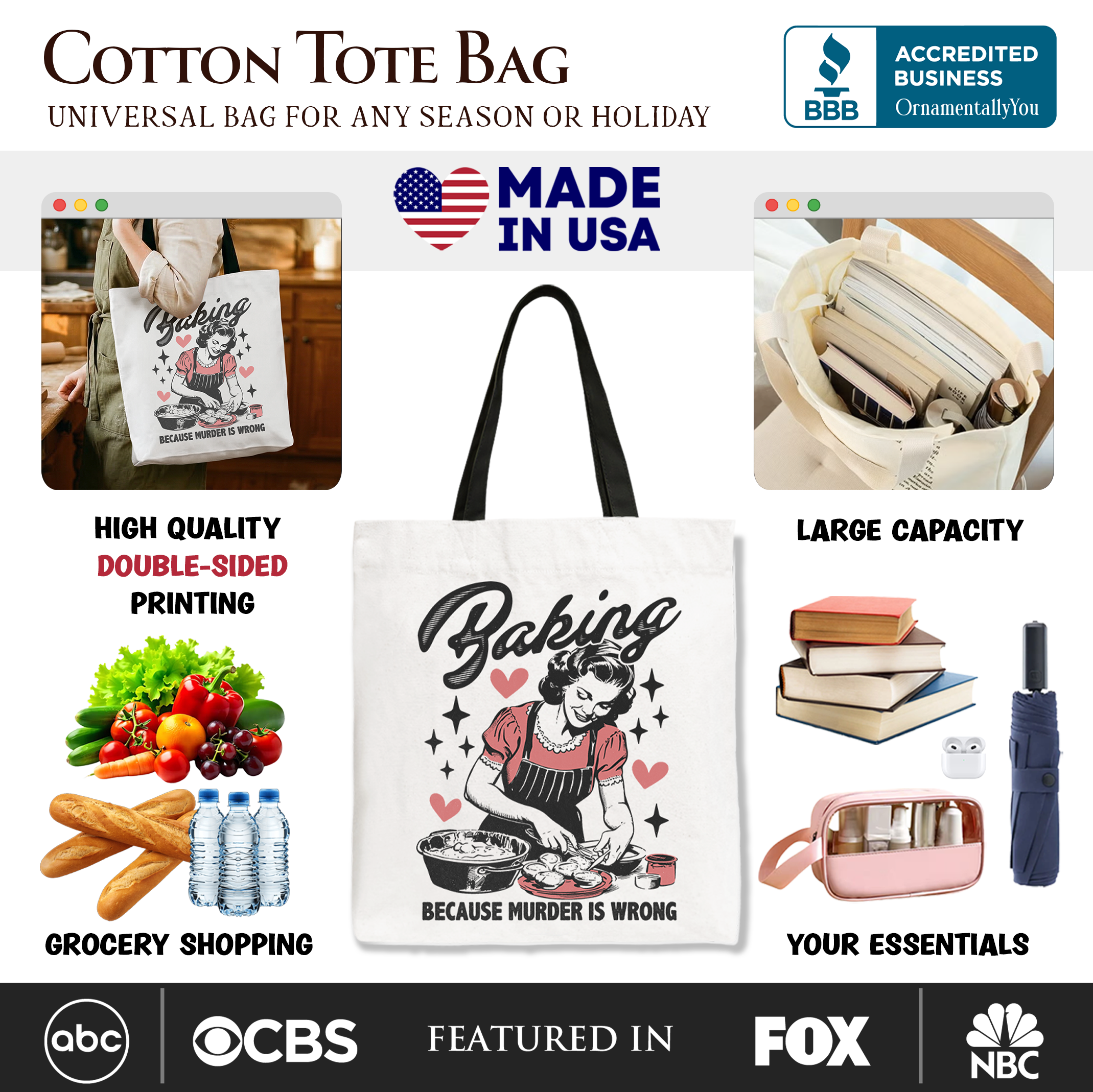 White tote bag featuring humorous "Baking Because Murder Is Wrong" design, perfect for anti-Valentine or retro kitchen gift shoppers.