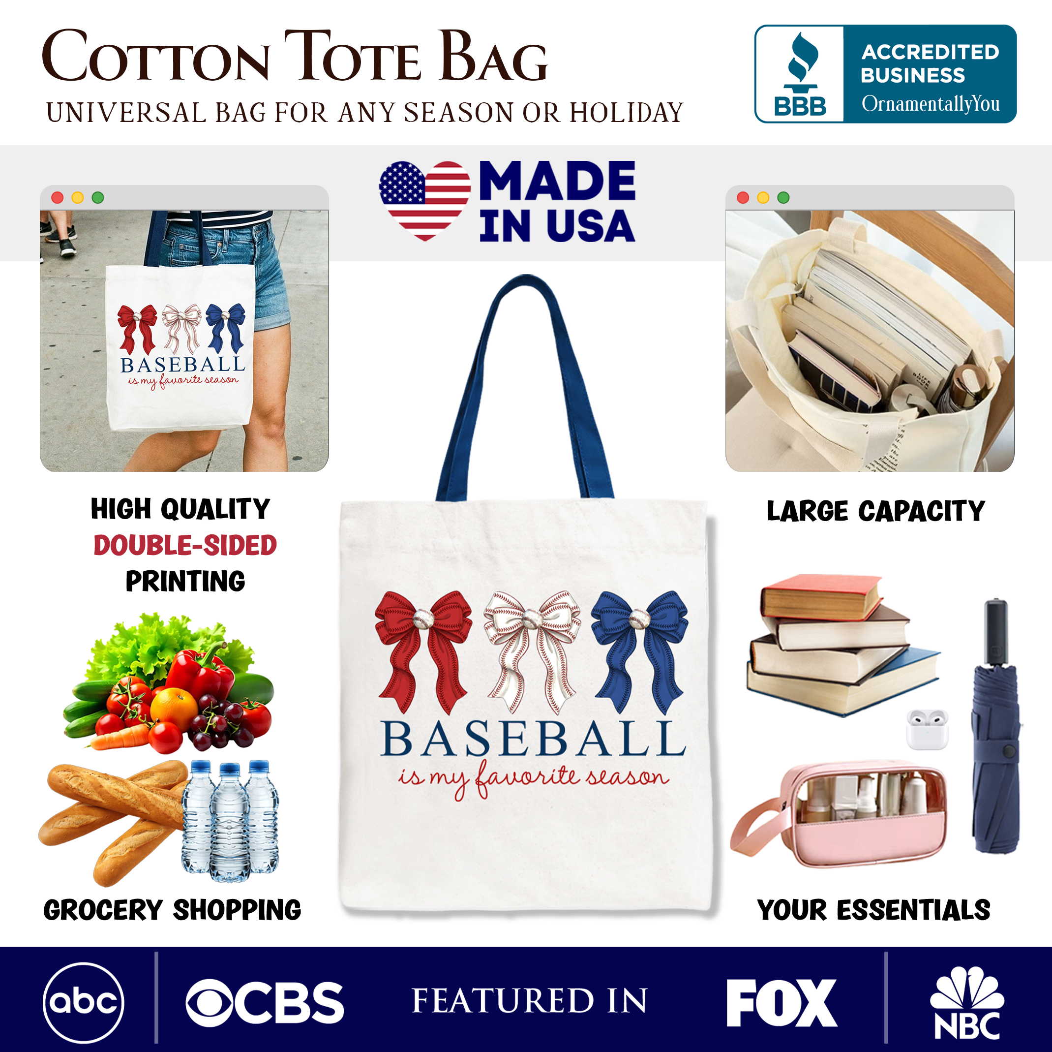 White tote bag with "Baseball Is My Favorite Season" text and a coquette bow, perfect for game day or casual shopping.