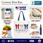 White tote bag with "Baseball Is My Favorite Season" text and a coquette bow, perfect for game day or casual shopping.