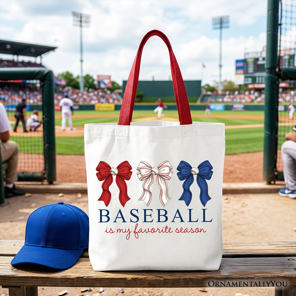White tote bag with "Baseball Is My Favorite Season" text and a Coquette bow design, perfect for game day or casual use.