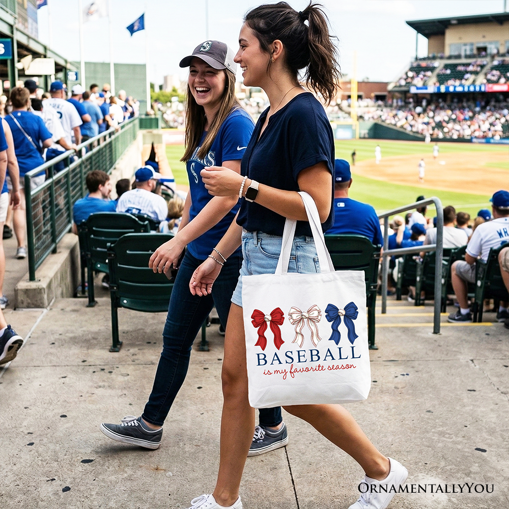 White tote bag with "Baseball Is My Favorite Season" text, featuring a coquette bow, perfect for game day or casual outings.