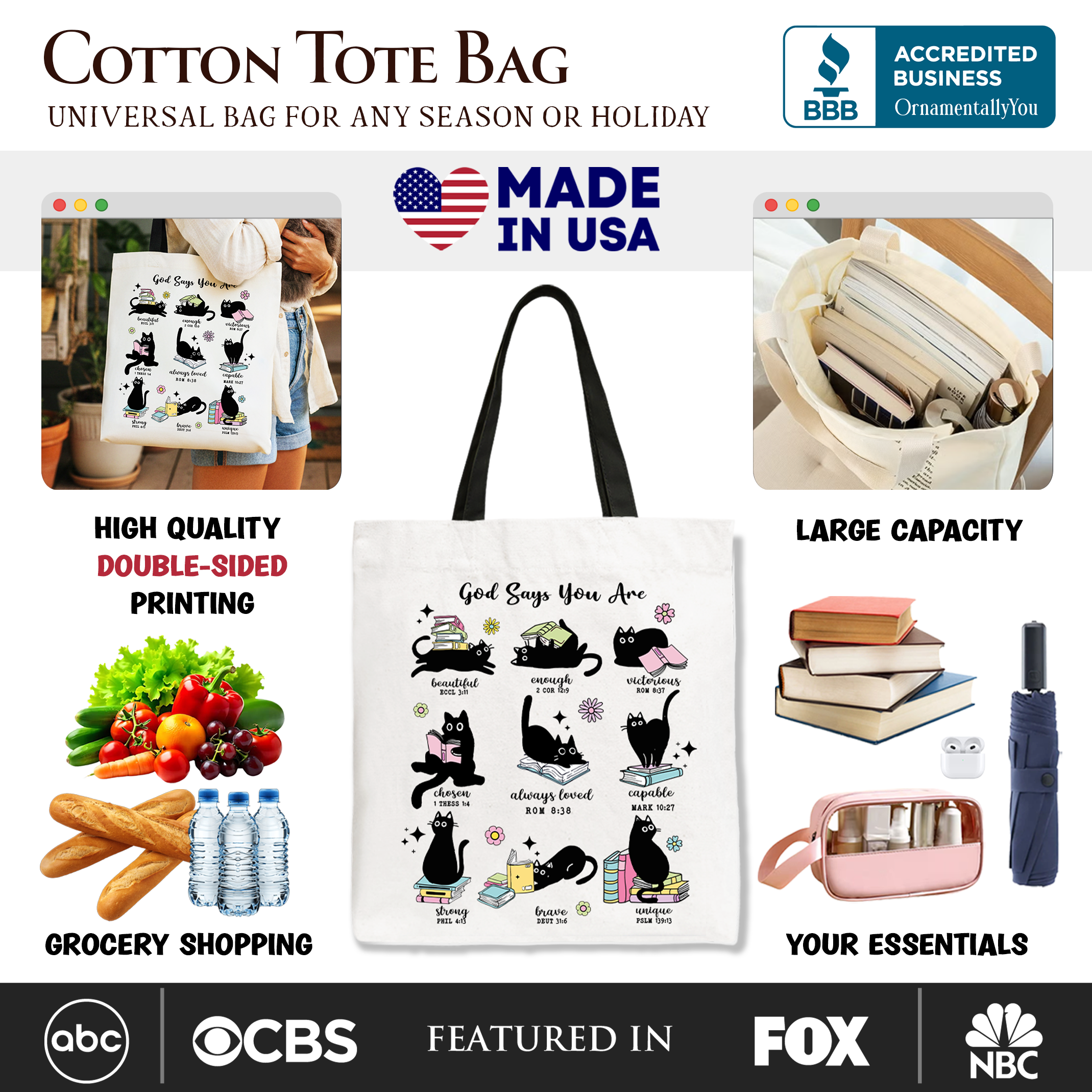 White tote bag featuring a book and cat design with the phrase "God Says I Am" and Christian Bible verse, perfect for faith gift.