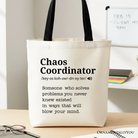 White personalized canvas tote bag with "Chaos Coordinator" definition, perfect for busy moms and stylish shoppers.