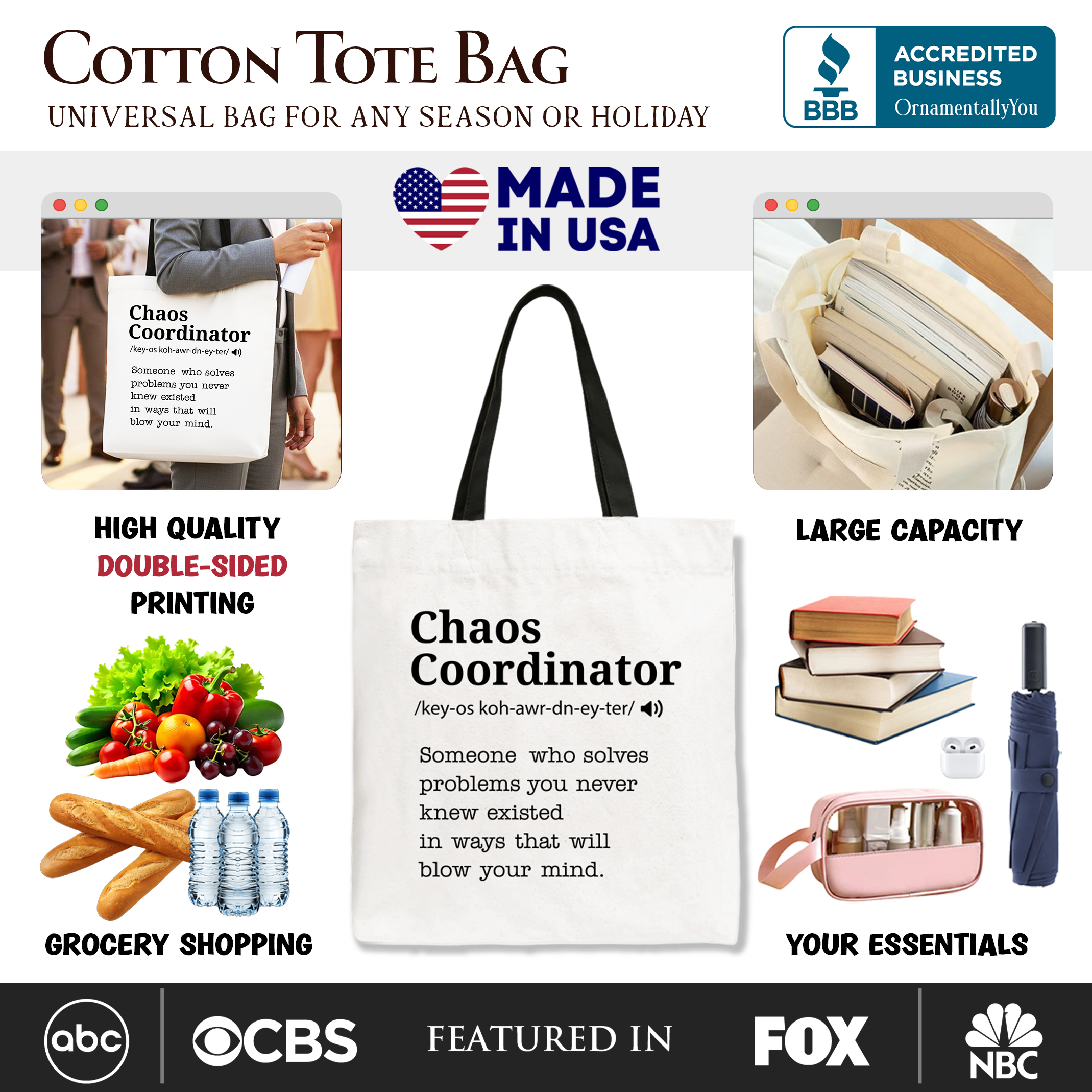 White personalized canvas tote bag with "Chaos Coordinator" definition, perfect for busy moms and shoppers.