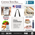 White personalized canvas tote bag with "Chaos Coordinator" definition, perfect for busy moms and shoppers.