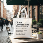 White personalized canvas tote bag with "Chaos Coordinator" definition, ideal for busy moms, by OrnamentallyYou.