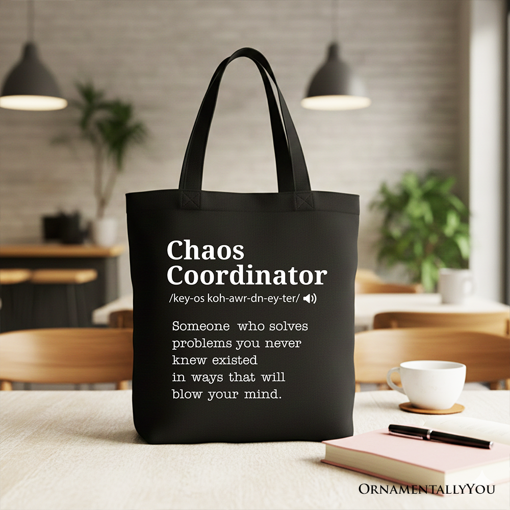 White personalized canvas tote bag featuring "Chaos Coordinator" definition, perfect for busy moms and everyday shopping.