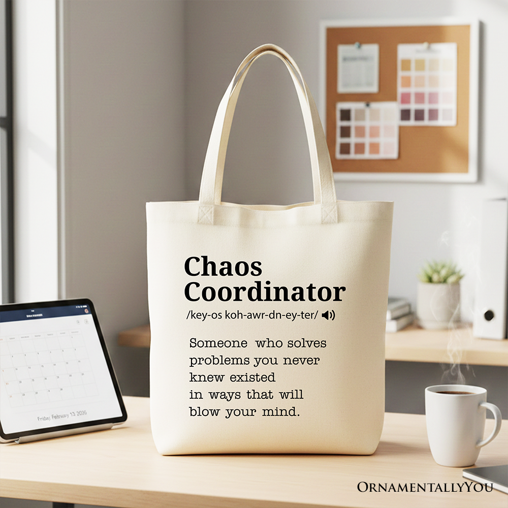 White personalized canvas tote bag with "Chaos Coordinator" definition, perfect for busy moms and funny gift shoppers.