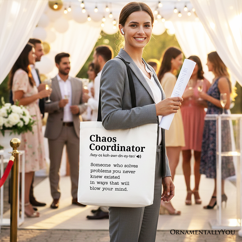 White personalized canvas tote bag with "Chaos Coordinator" definition, perfect for busy moms and shoppers.