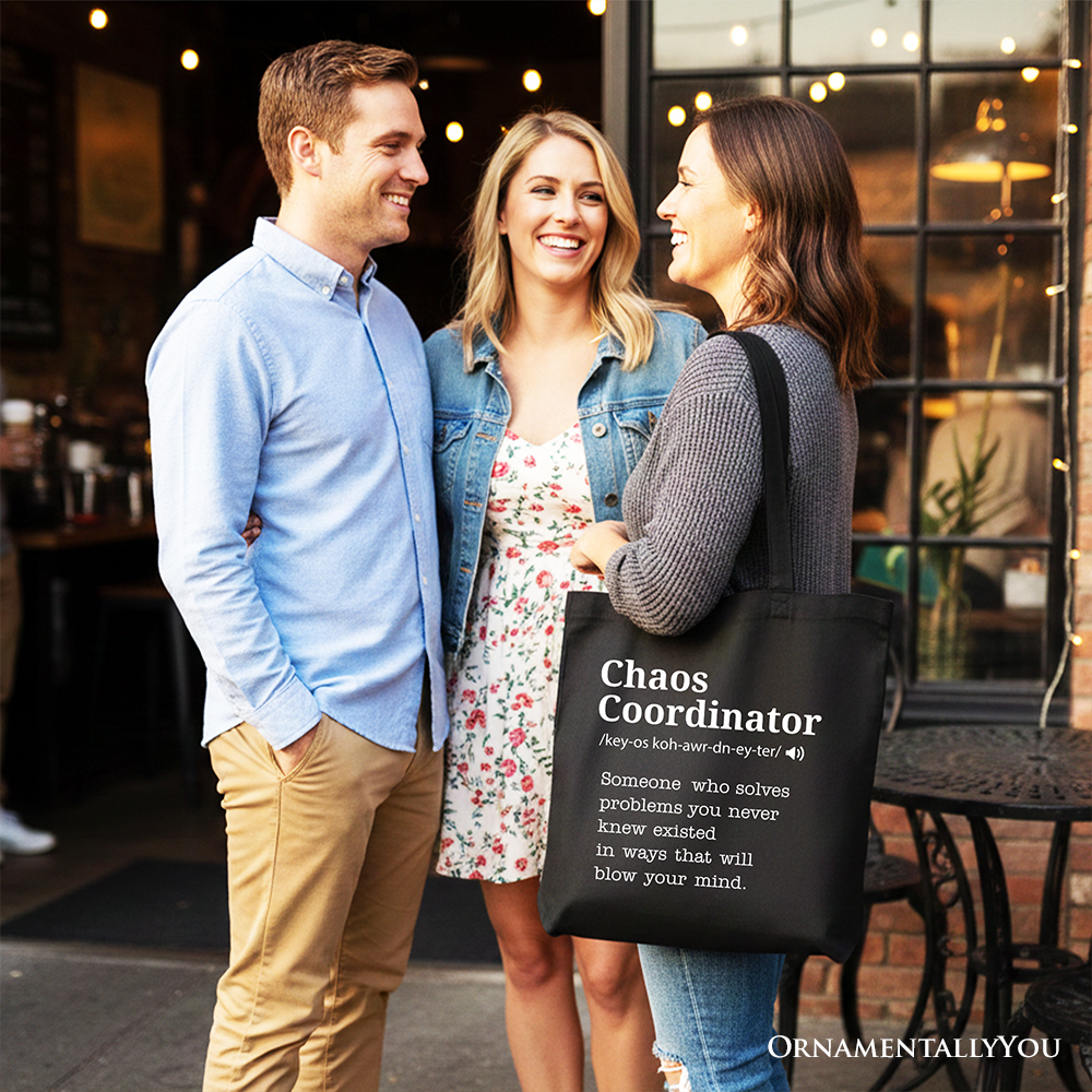 White personalized canvas tote bag with "Chaos Coordinator" definition, perfect for busy moms and gift shoppers.