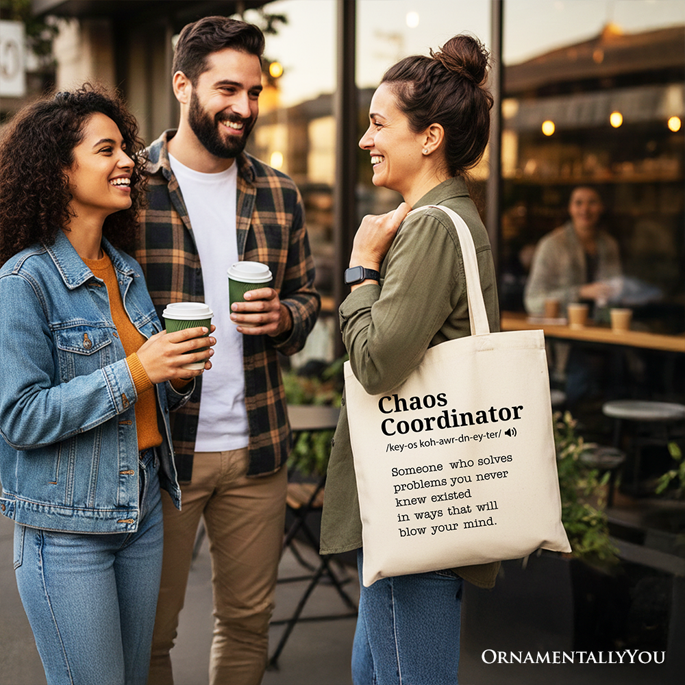White personalized canvas tote bag with "Chaos Coordinator" definition, perfect for busy moms and stylish shopping trips.