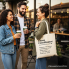 White personalized canvas tote bag with "Chaos Coordinator" definition, perfect for busy moms and stylish shopping trips.