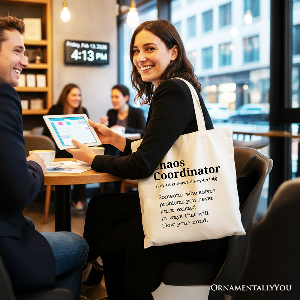 White personalized canvas tote bag with "Chaos Coordinator" definition, perfect for busy moms and shoppers.