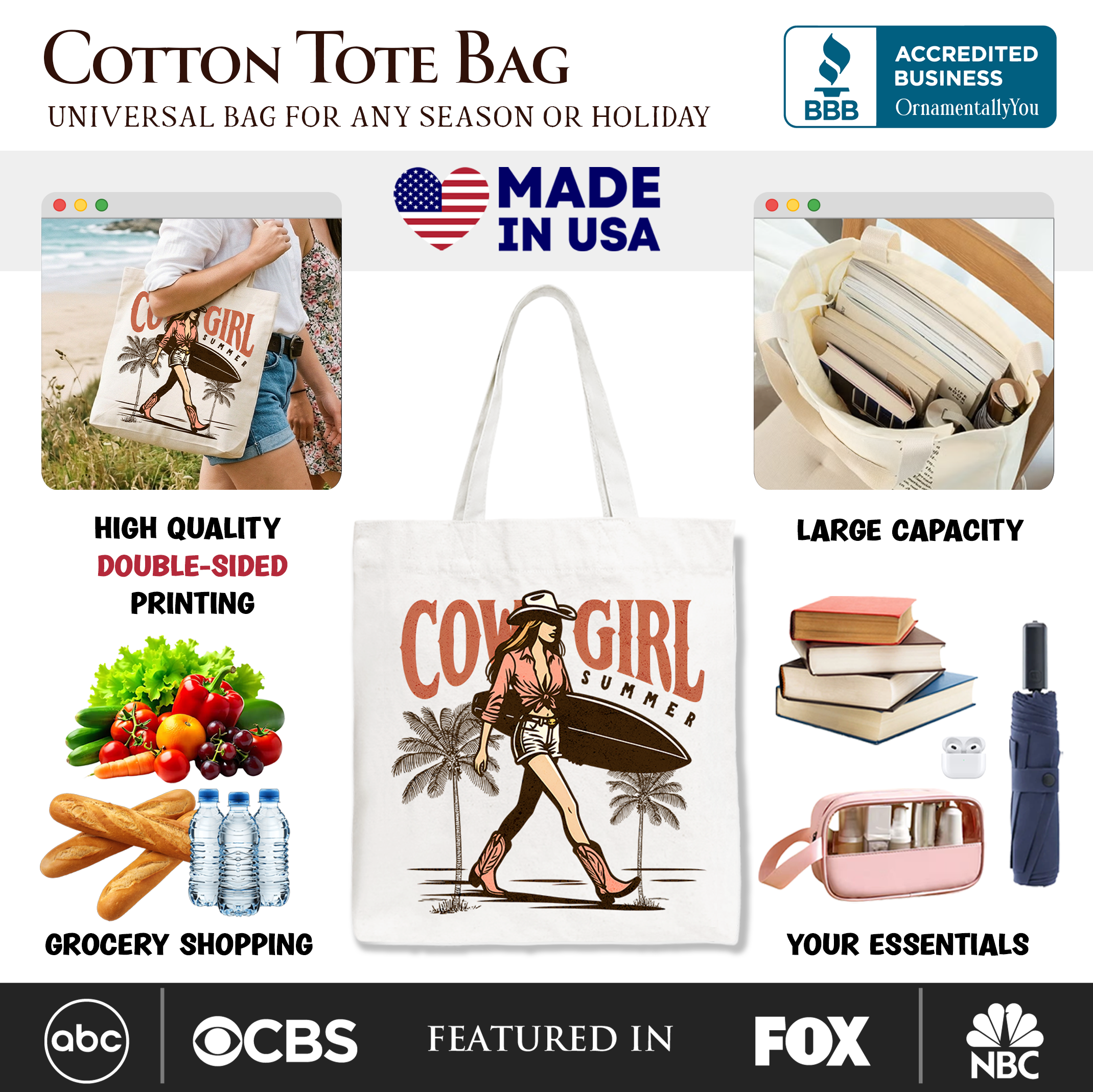 White cowgirl summer surf tote bag by OrnamentallyYou featuring retro western design, perfect for beach or casual shopping.