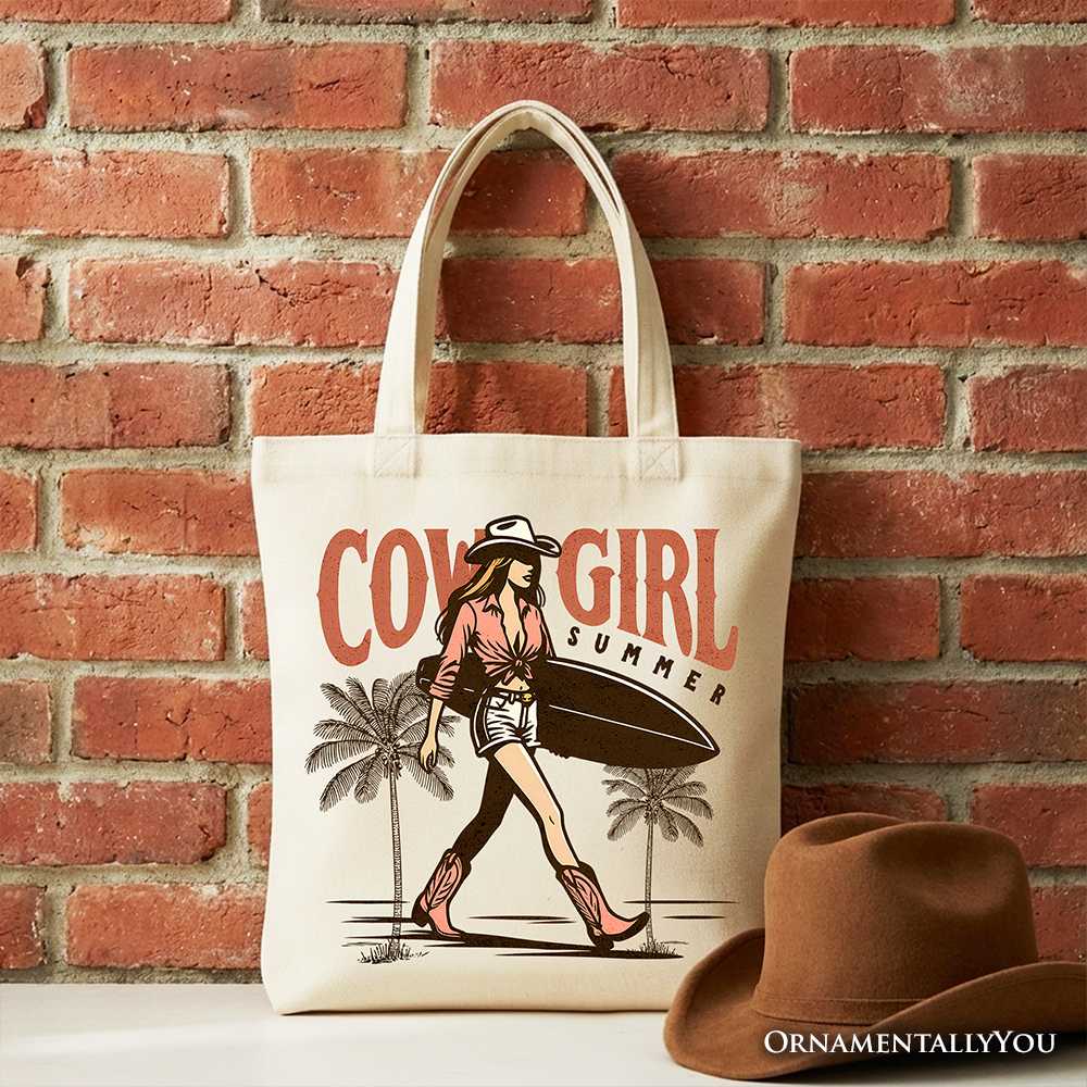 White cowgirl summer surf tote bag by OrnamentallyYou, retro western beach gift shopper for free-spirited women.