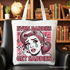 White tote bag featuring retro crying girl pop art design, stylish and emotional women’s tote bag by OrnamentallyYou.
